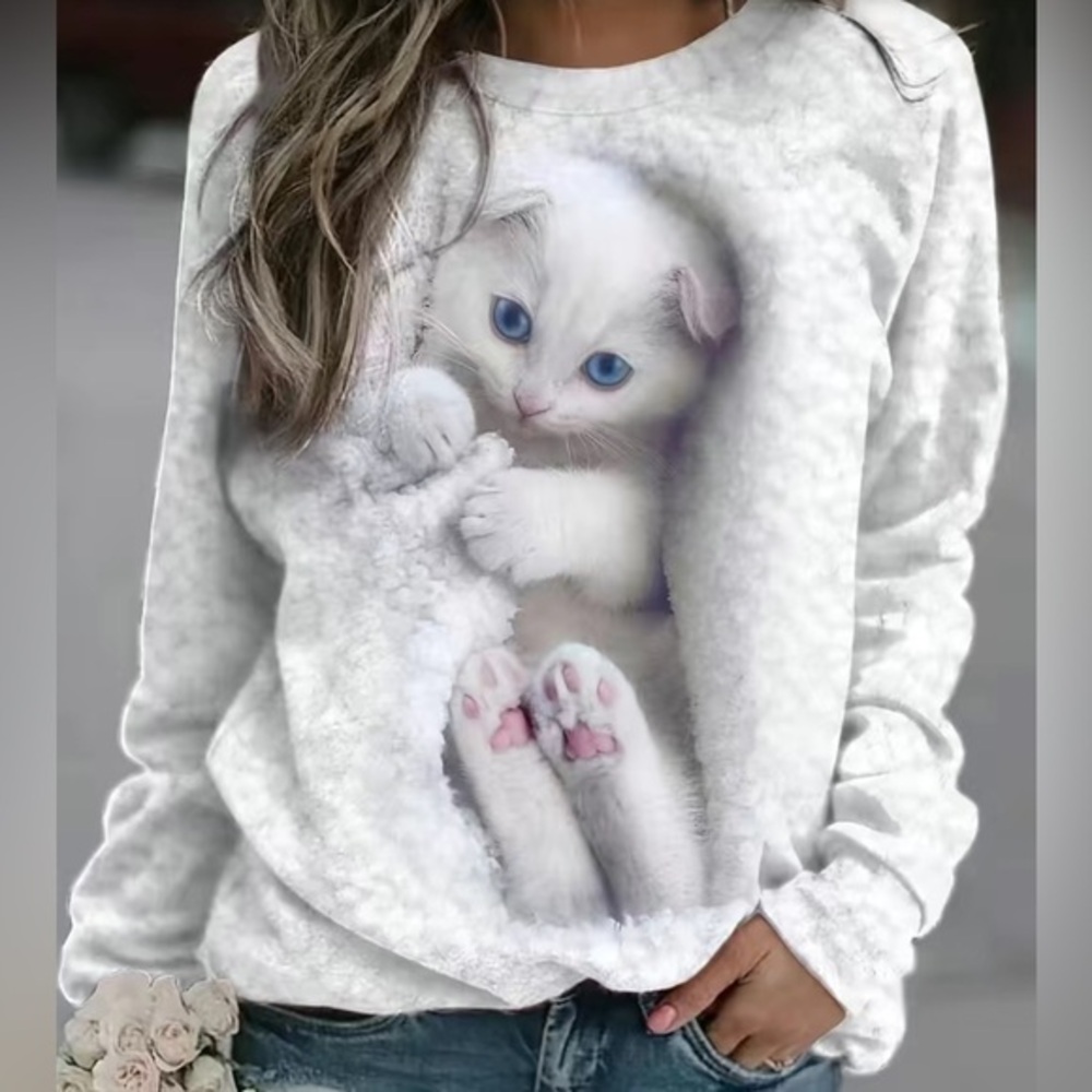 New! Adorable White Blue Eyed Kitten Cat Long Sleeve Lightweight Shirt Top